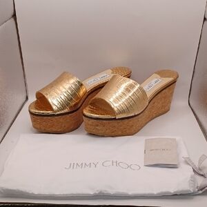 NEW Jimmy Choo Deedee 80 Metallic Embossed Leather Sandals-Gold Women Size 7.5US